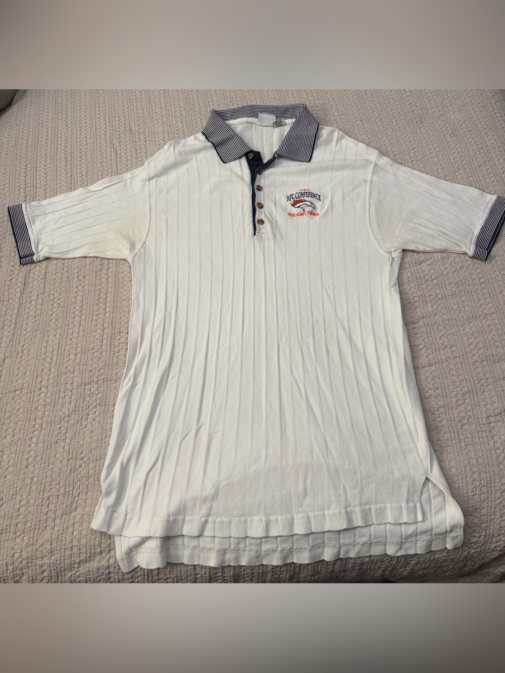 Men's Denver Broncos White Polo with Navy Trim and Embroidered Chest